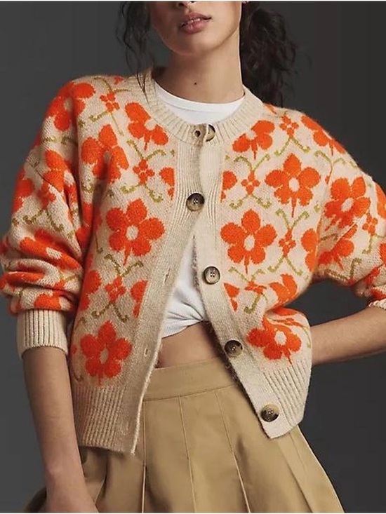 Anthropologie Sweaters - Anthropologie Maeve Orange Floral Pop Intarsia Cardigan Sweater 🔥 Size S